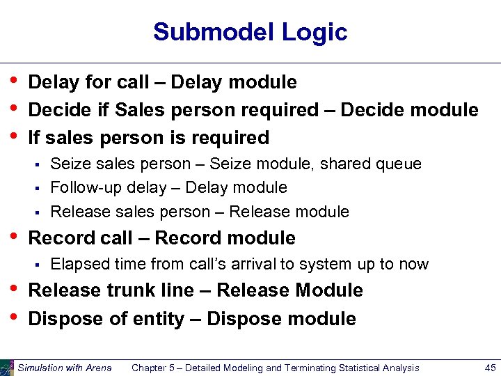 Submodel Logic • • • Delay for call – Delay module Decide if Sales