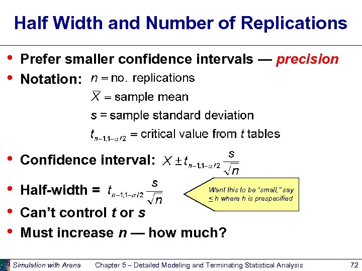 Half Width and Number of Replications • • Prefer smaller confidence intervals — precision