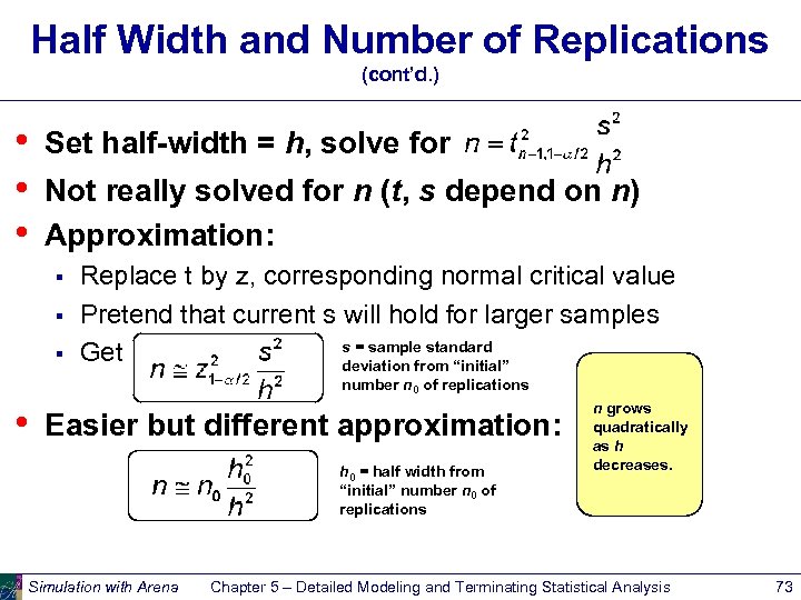 Half Width and Number of Replications (cont’d. ) • • • Set half-width =