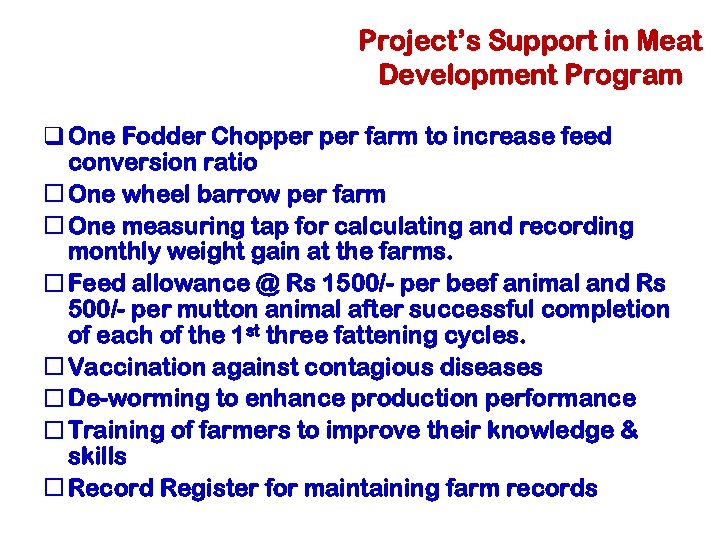Project’s Support in Meat Development Program q One Fodder Chopper farm to increase feed