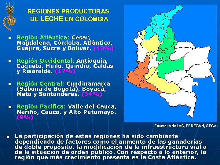 REGIONES PRODUCTORAS DE LECHE EN COLOMBIA n n Región Atlántica: Cesar, Magdalena, Córdoba, Atlántico,