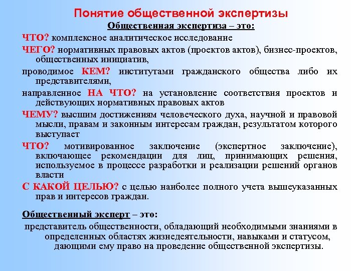 Понятие общественной экспертизы Общественная экспертиза – это: ЧТО? комплексное аналитическое исследование ЧЕГО? нормативных правовых