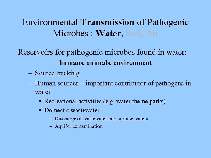 Environmental Transmission of Pathogenic Microbes : Water, Soil, Air Reservoirs for pathogenic microbes found