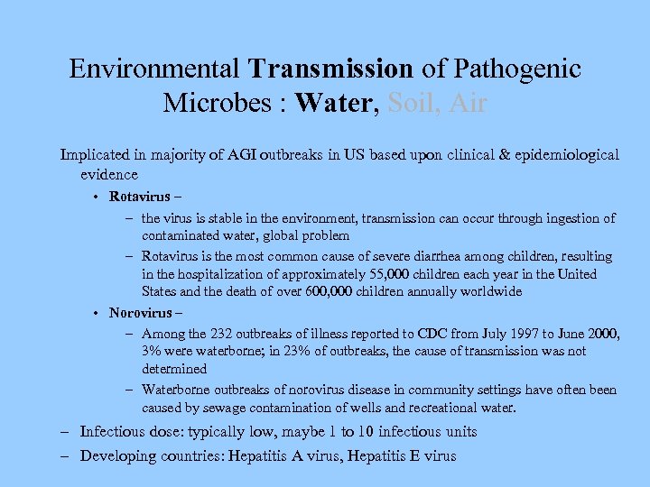 Environmental Transmission of Pathogenic Microbes : Water, Soil, Air Implicated in majority of AGI