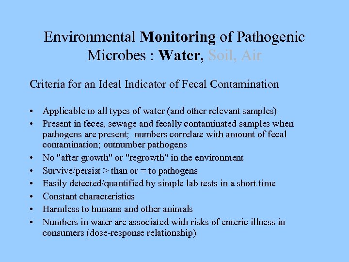 Environmental Monitoring of Pathogenic Microbes : Water, Soil, Air Criteria for an Ideal Indicator