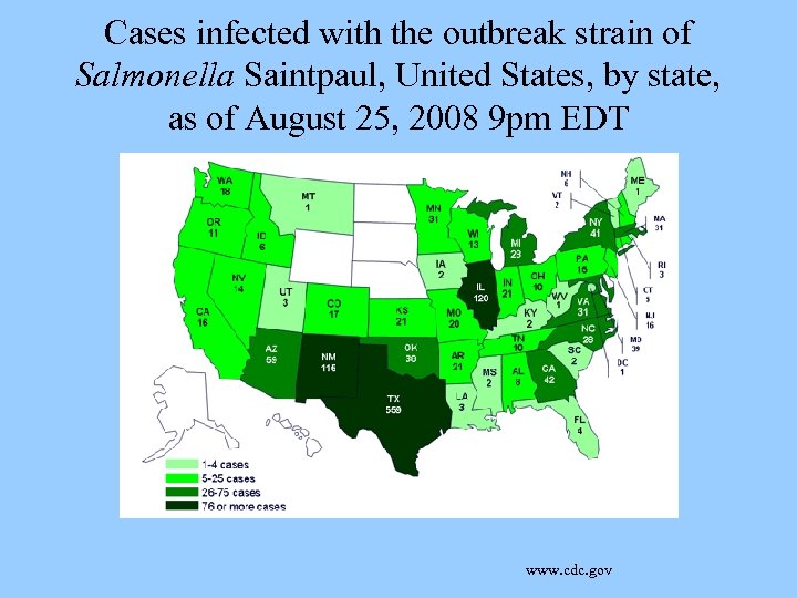 Cases infected with the outbreak strain of Salmonella Saintpaul, United States, by state, as
