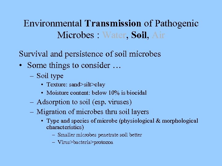 Environmental Transmission of Pathogenic Microbes : Water, Soil, Air Survival and persistence of soil