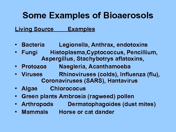 Some Examples of Bioaerosols Living Source Examples • Bacteria Legionella, Anthrax, endotoxins • Fungi