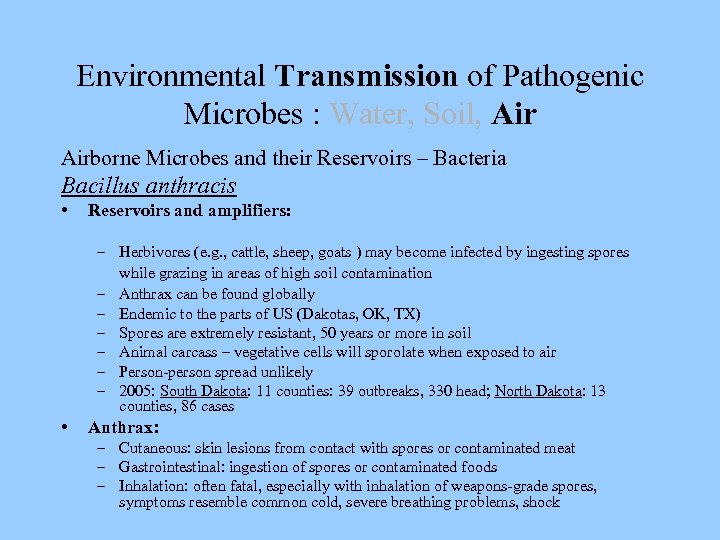 Environmental Transmission of Pathogenic Microbes : Water, Soil, Airborne Microbes and their Reservoirs –