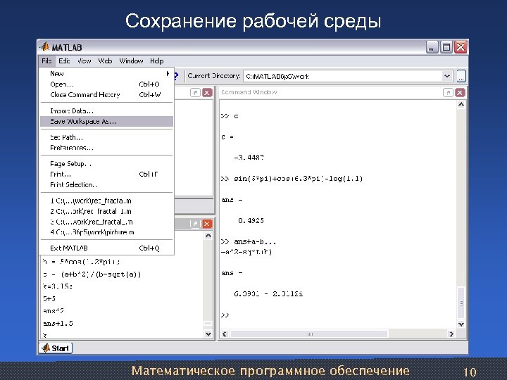 Сохранение рабочей среды Математическое программное обеспечение 10 