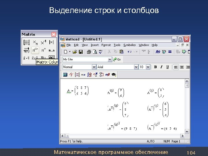 Выделение строк и столбцов Математическое программное обеспечение 104 