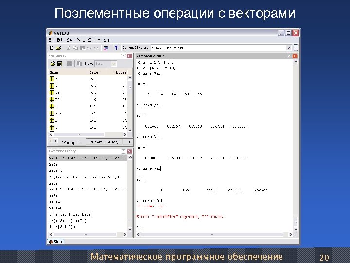Поэлементные операции с векторами Математическое программное обеспечение 20 