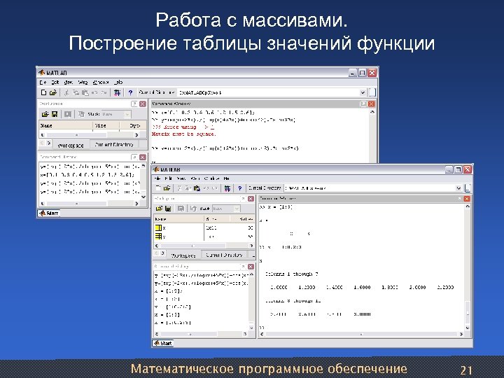 Работа с массивами. Построение таблицы значений функции Математическое программное обеспечение 21 