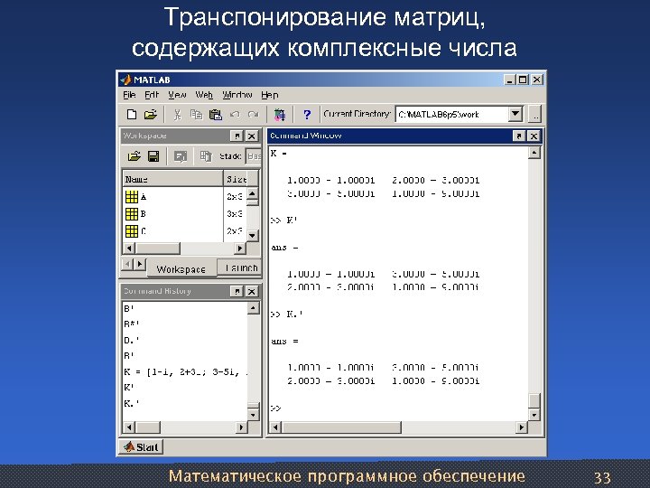 Транспонирование матриц, содержащих комплексные числа Математическое программное обеспечение 33 