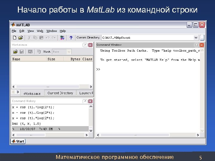 Начало работы в Mat. Lab из командной строки Математическое программное обеспечение 5 