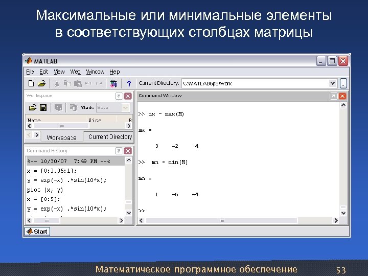Максимальные или минимальные элементы в соответствующих столбцах матрицы Математическое программное обеспечение 53 