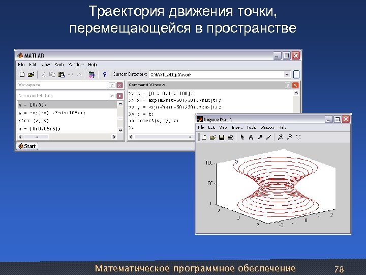 Траектория движения точки, перемещающейся в пространстве Математическое программное обеспечение 78 