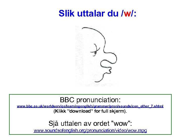 Slik uttalar du /w/: BBC pronunciation: www. bbc. co. uk/worldservice/learningenglish/grammar/pron/sounds/con_other_7. shtml (Klikk ”download” for