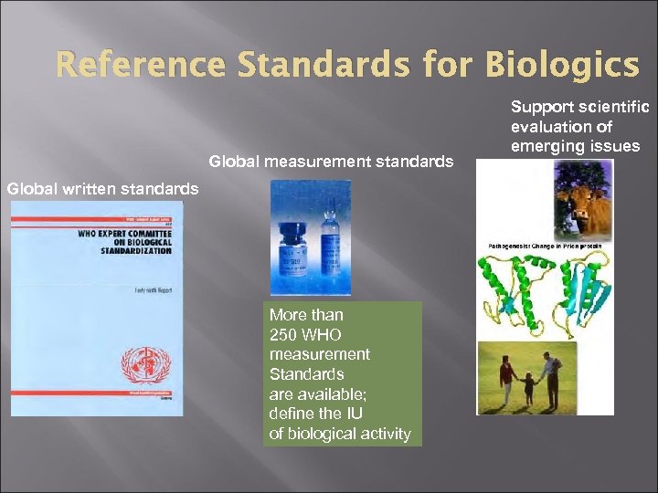 Reference Standards for Biologics Global measurement standards Global written standards More than 250 WHO