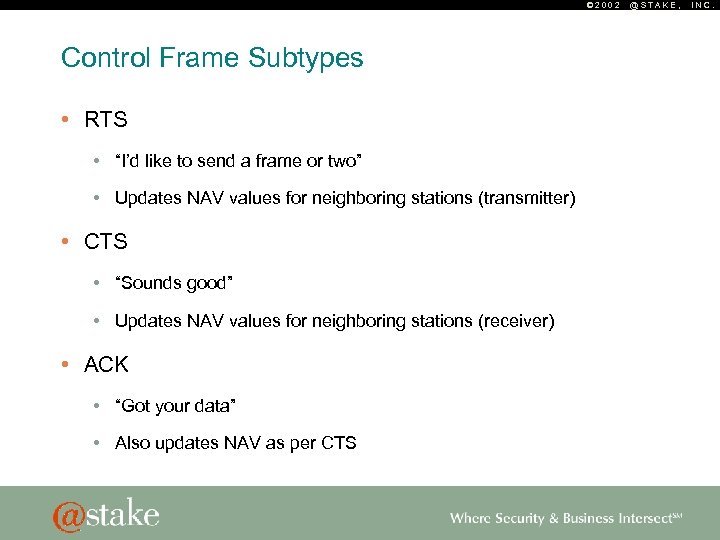 © 2002 Control Frame Subtypes • RTS • “I’d like to send a frame