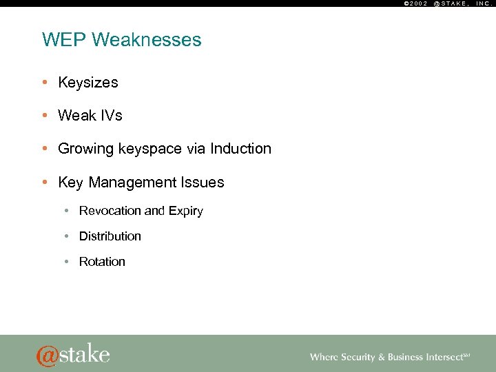 © 2002 WEP Weaknesses • Keysizes • Weak IVs • Growing keyspace via Induction
