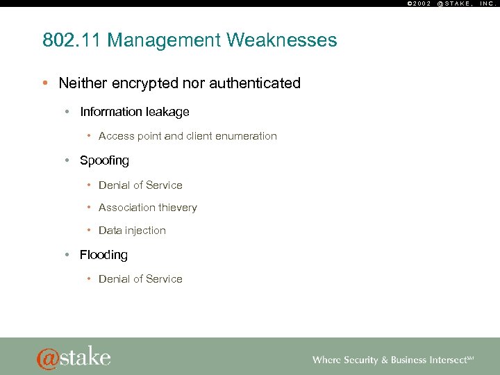 © 2002 802. 11 Management Weaknesses • Neither encrypted nor authenticated • Information leakage