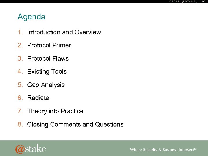 © 2002 Agenda 1. Introduction and Overview 2. Protocol Primer 3. Protocol Flaws 4.