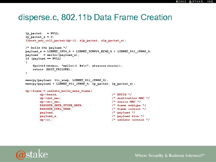 © 2002 disperse. c, 802. 11 b Data Frame Creation ip_packet = NULL; ip_packet_s