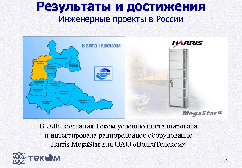 Результаты и достижения Инженерные проекты в России В 2004 компания Теком успешно инсталлировала и