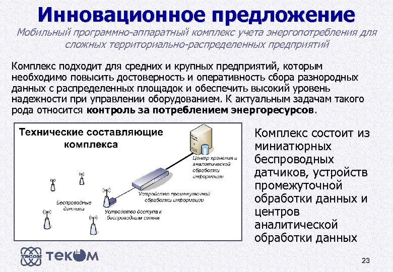 Инновационное предложение Мобильный программно-аппаратный комплекс учета энергопотребления для сложных территориально-распределенных предприятий Комплекс подходит для