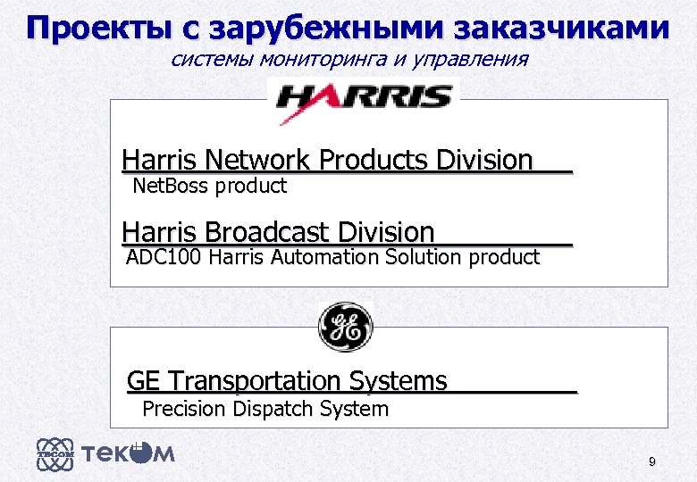 Проекты с зарубежными заказчиками системы мониторинга и управления Harris Network Products Division Net. Boss