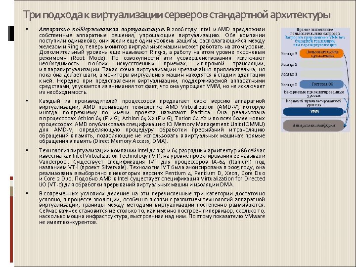 Три подхода к виртуализации серверов стандартной архитектуры Аппаратно поддерживаемая виртуализация. В 2006 году Intel