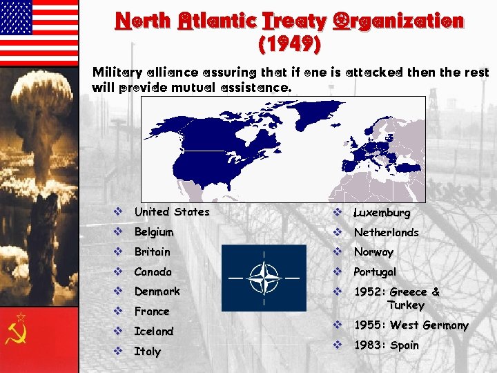 North Atlantic Treaty Organization (1949) Military alliance assuring that if one is attacked then