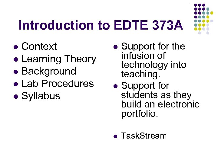 Introduction to EDTE 373 A Context l Learning Theory l Background l Lab Procedures