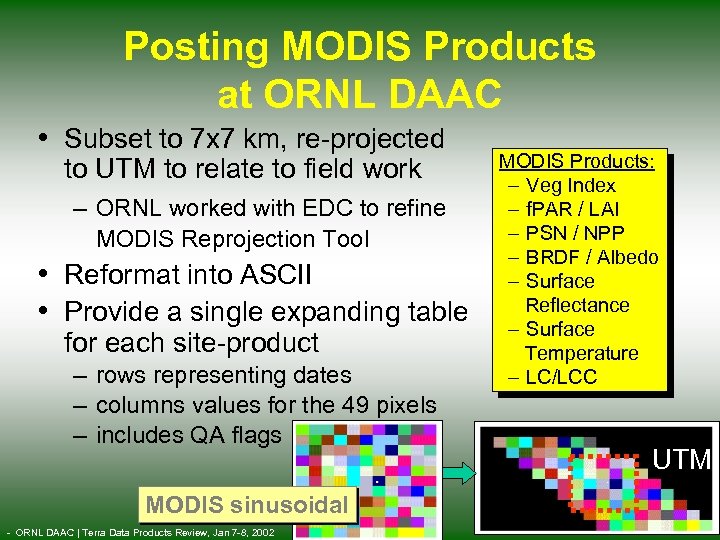Posting MODIS Products at ORNL DAAC • Subset to 7 x 7 km, re-projected