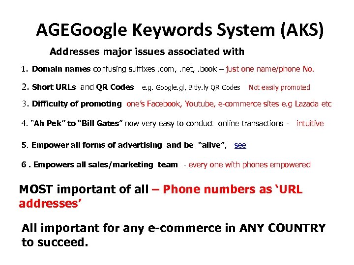 AGEGoogle Keywords System (AKS) Addresses major issues associated with 1. Domain names confusing suffixes.