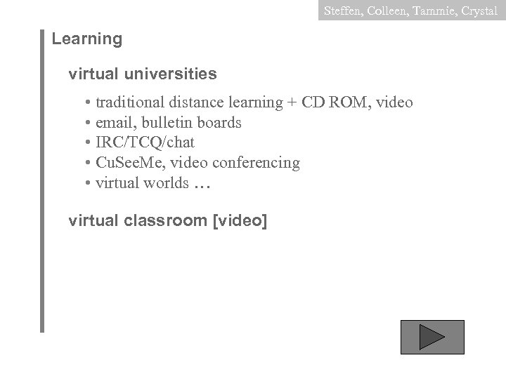 Steffen, Colleen, Tammie, Crystal Learning virtual universities • traditional distance learning + CD ROM,