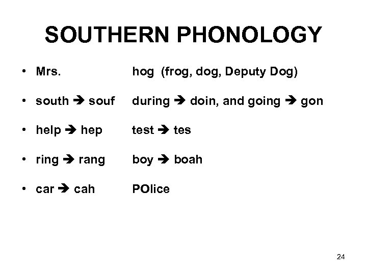 SOUTHERN PHONOLOGY • Mrs. hog (frog, dog, Deputy Dog) • south souf during doin,