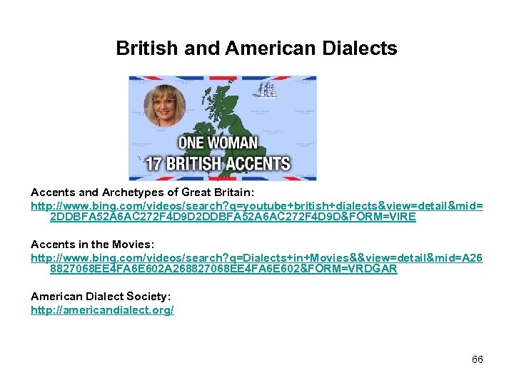 British and American Dialects Accents and Archetypes of Great Britain: http: //www. bing. com/videos/search?