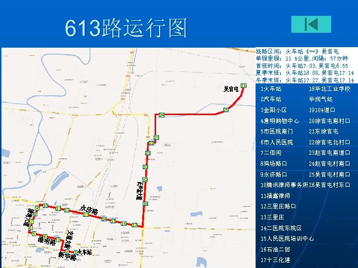 613路运行图 26 线路区间：火车站《==》吴官屯 单程里程： 11. 4公里, 间隔： 57分钟 首班时间：火车站 7: 03, 吴官屯 6: 55