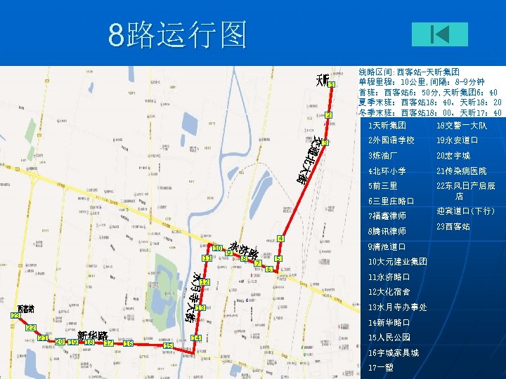 8路运行图 1 2 线路区间: 西客站-天昕集团 单程里程： 10公里, 间隔： 8 -9分钟 首班：西客站 6： 50分, 天昕集团