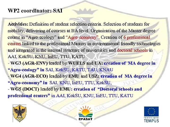 WP 2 coordinator: SAI Activities: Definition of student selection criteria. Selection of students for