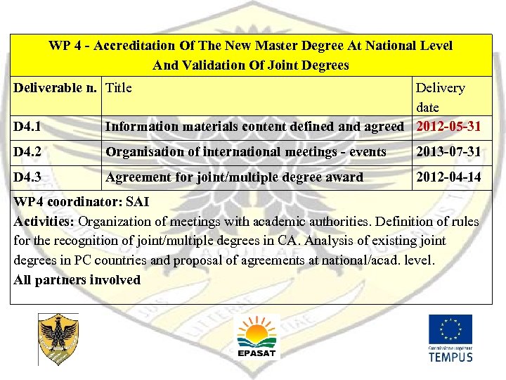 WP 4 - Accreditation Of The New Master Degree At National Level And Validation