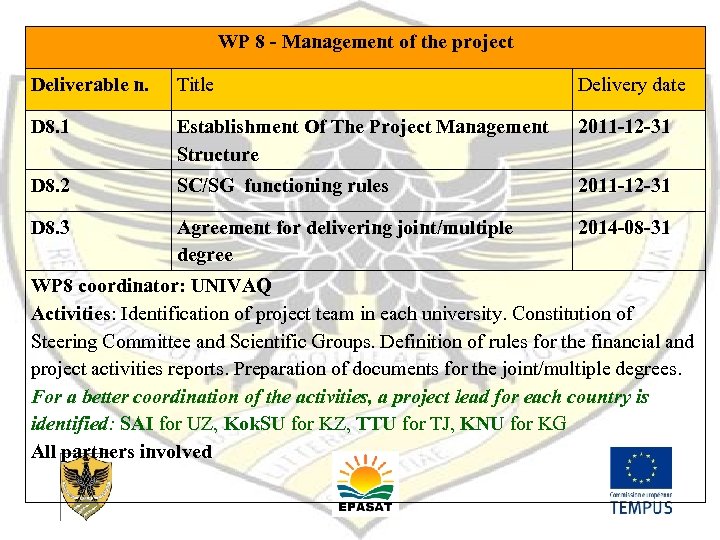 WP 8 - Management of the project Deliverable n. Title Delivery date D 8.