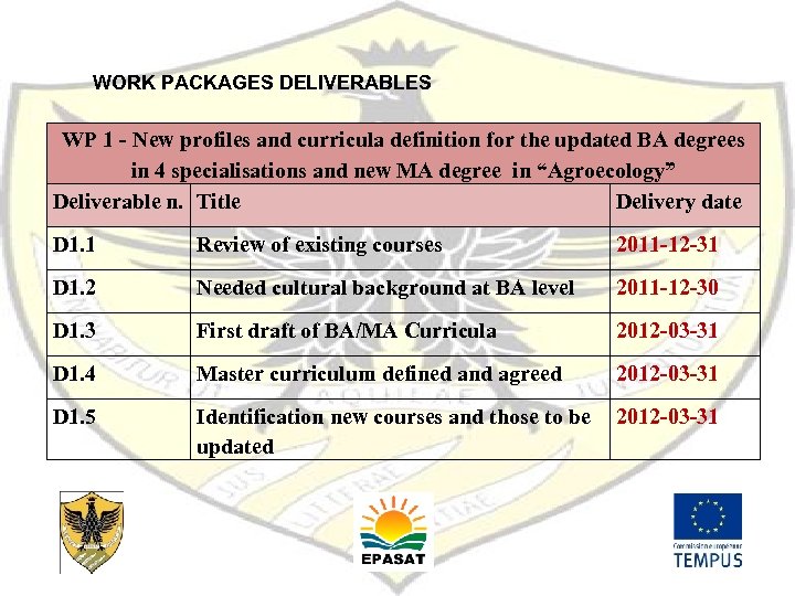 WORK PACKAGES DELIVERABLES WP 1 - New profiles and curricula definition for the updated