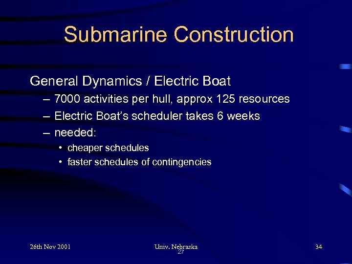 Submarine Construction General Dynamics / Electric Boat – 7000 activities per hull, approx 125