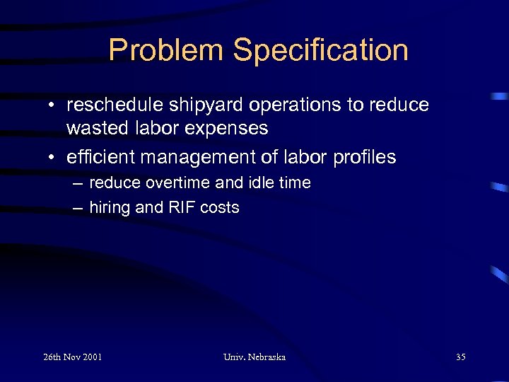 Problem Specification • reschedule shipyard operations to reduce wasted labor expenses • efficient management
