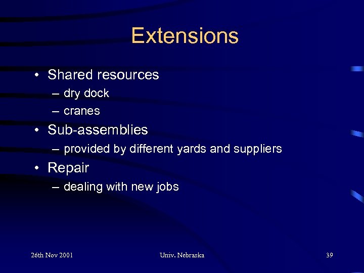 Extensions • Shared resources – dry dock – cranes • Sub-assemblies – provided by