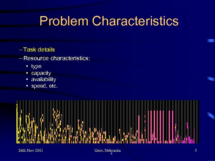 Problem Characteristics – Task details – Resource characteristics: • • type capacity availability speed,