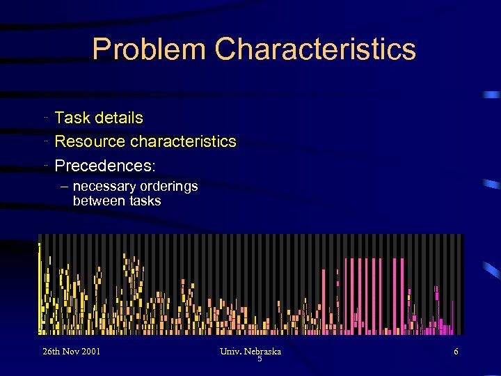 Problem Characteristics ¨ ¨ ¨ Task details Resource characteristics Precedences: – necessary orderings between